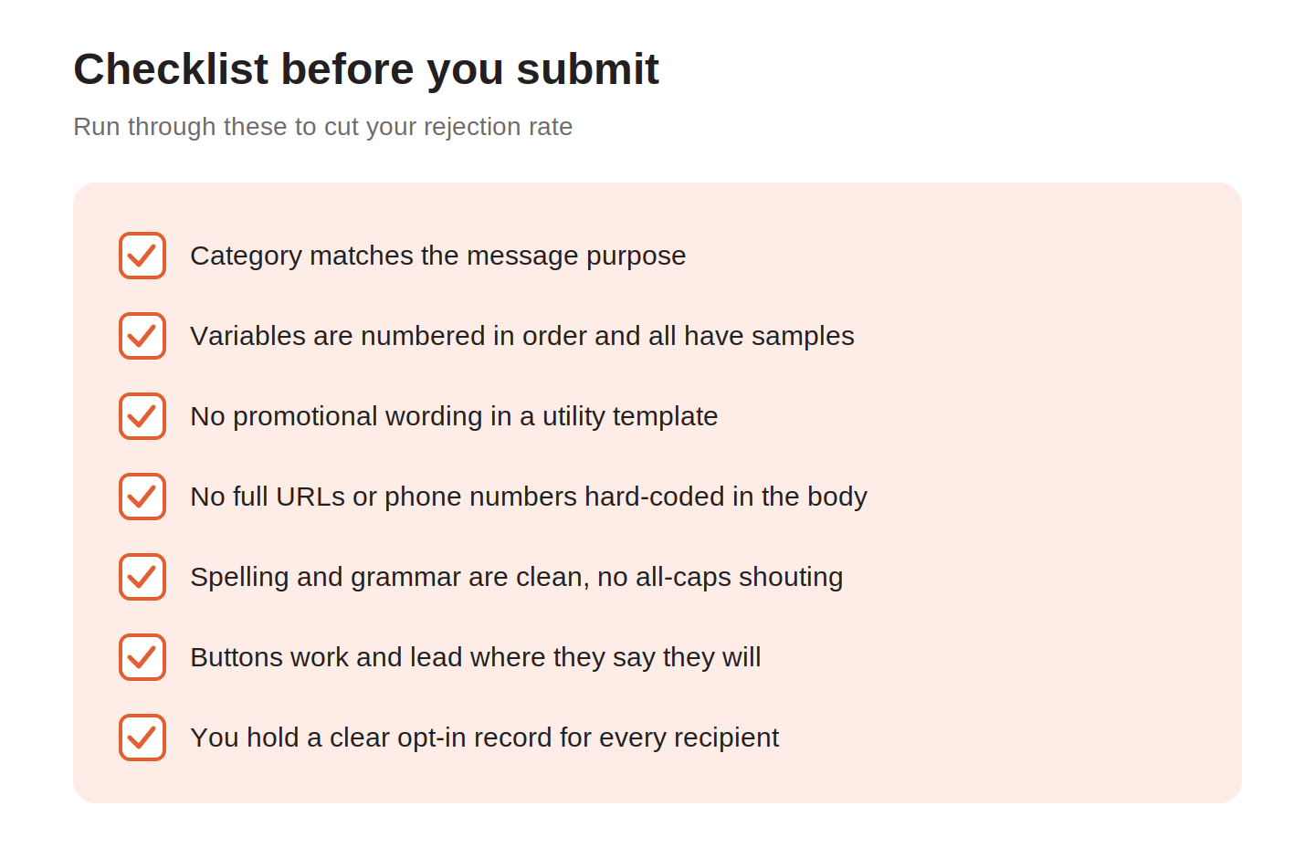 Checklist of steps to pass WhatsApp Business template approval